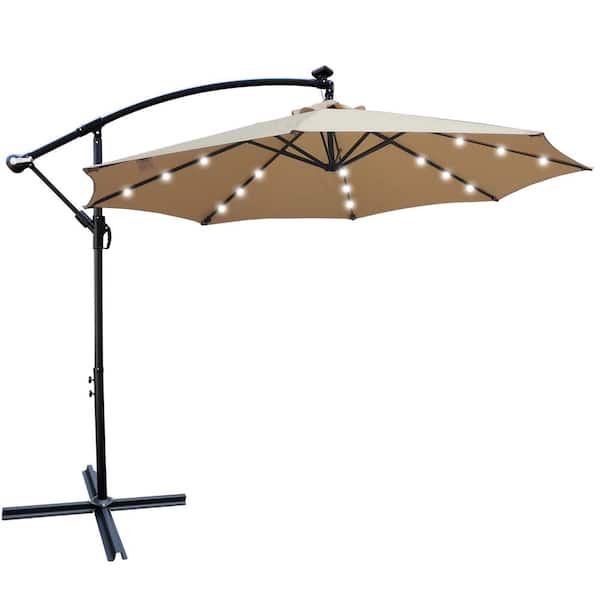 Sudzendf 10 ft. Outdoor Patio Umbrella Solar LED Lighted Sun Shade Market Waterproof 8-Ribs Umbrella with Cross Base in Beige