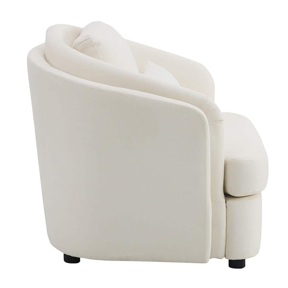 Beige Barrel Accent Chair with Wood Frame and Pillow