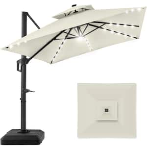 10 ft. Solar LED 2-Tier Square Cantilever Patio Umbrella with Base Included in Ivory