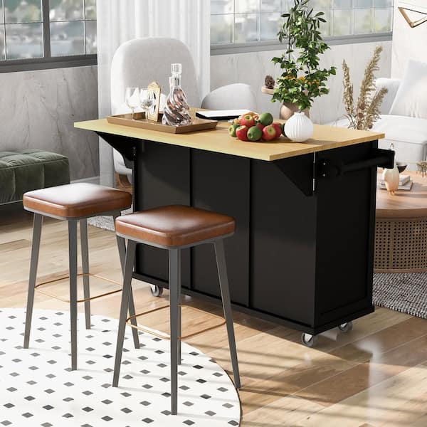 Unbranded Black Solid Wood Desktop 53 in. W Kitchen Island on 5 Wheels with Adjustable Shelves and 3 Drawers