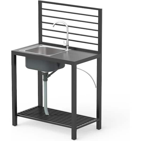 Outdoor Kitchen Island with Storage, Aluminum Kitchen Storage Island Stainless Steel Outdoor Sink with Faucet&Drainboard