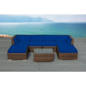 Ohana Mixed Brown 7-Piece Wicker Patio Seating Set with Sunbrella Pacific Blue Cushions