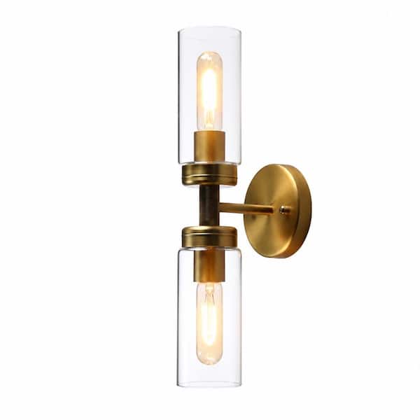 2-Light Antique Industrial Wall Sconce with Clear Tubular Glass Shade, E26 Hardwired Indoor Lighting