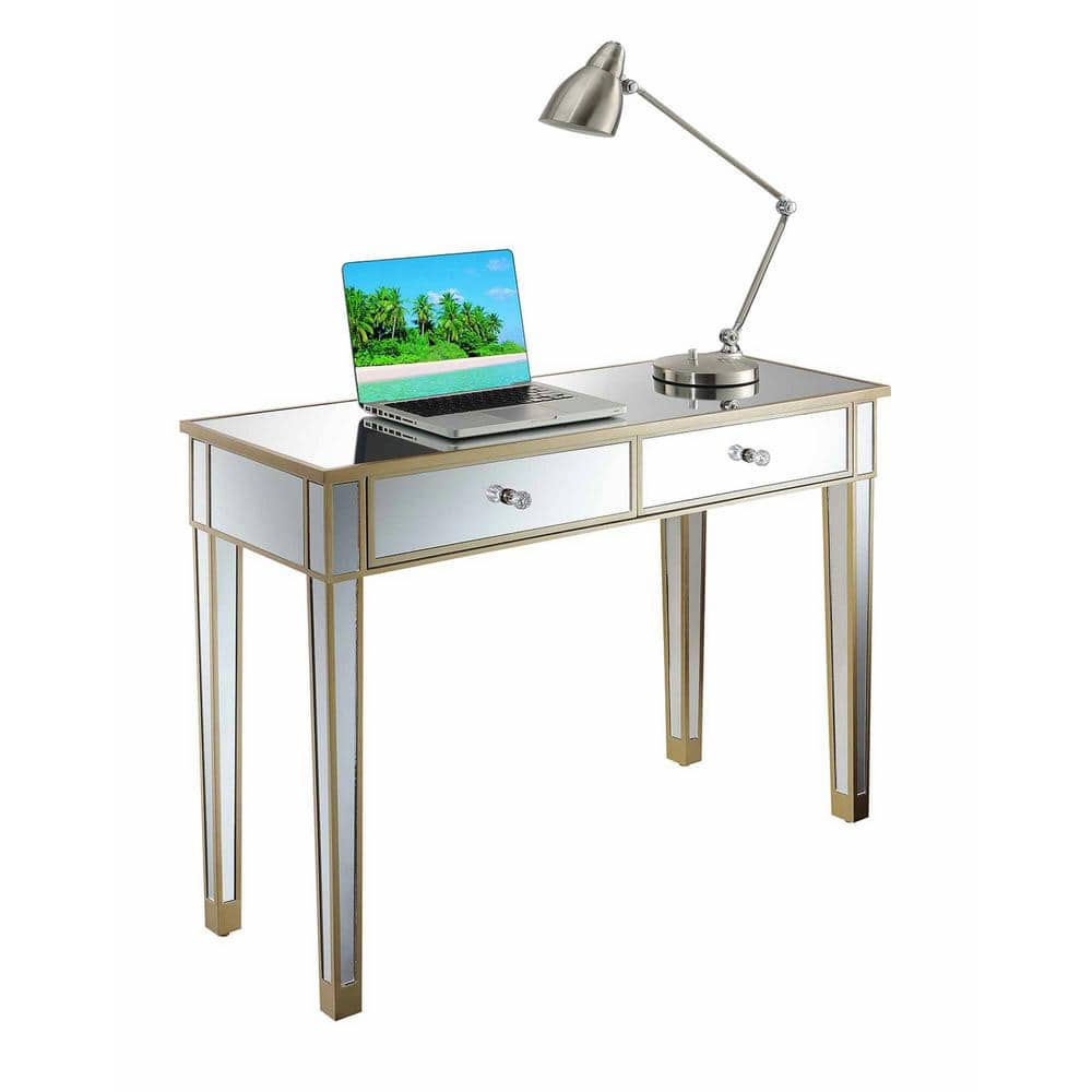 Chic Champagne Mirrored 2-Drawer Console Desk with Crystal Knobs