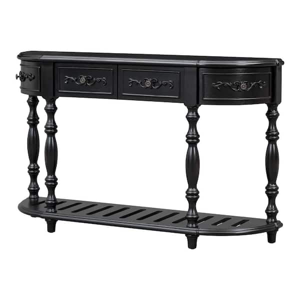 52 in. W x 13 in. D x 32.2 in. H Black Linen Cabinet Contemporary Curved Console Table Sofa Table with 4 Drawers, Shelf