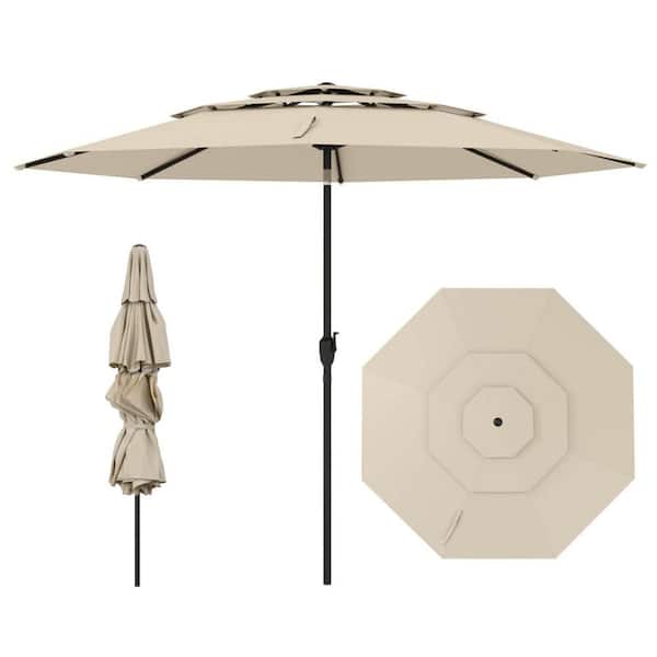 10 ft. Metal Market Tilt 3-tier Vented Patio Umbrella Large Table Umbrella Outdoor Sun Shade in Beige