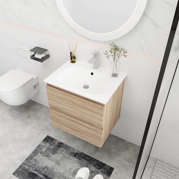 Modern Corner Bathroom Vanity Sink Combo, Wall Mounted Bathroom Cabinet Set  with 2 Doors and White Ceramic Basin Sink Top Floating Bathroom Vanity