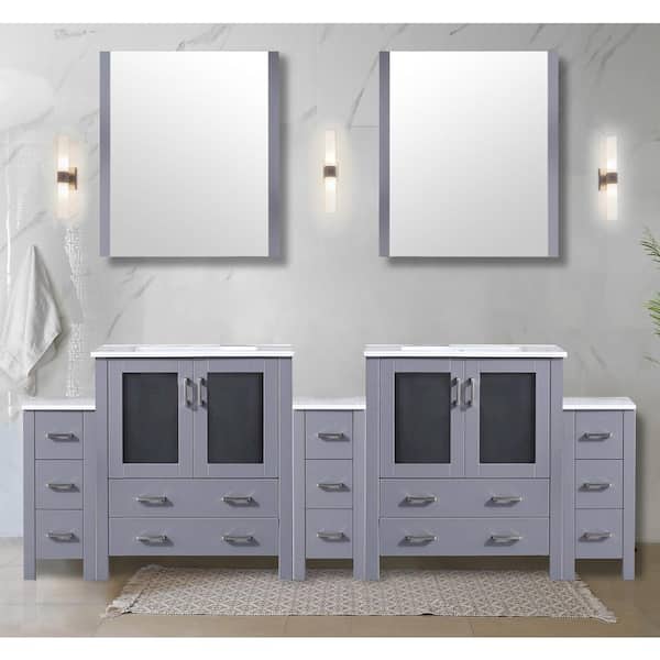 Volez 96 in. W x 18.25 in. D Dark Grey Double Bath Vanity with Side Cabinets, White Ceramic Top, and 28 in. Mirrors