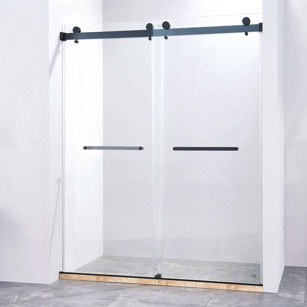 56-60" Frameless Clear Glass Double Sliding Shower Door in Matte Black