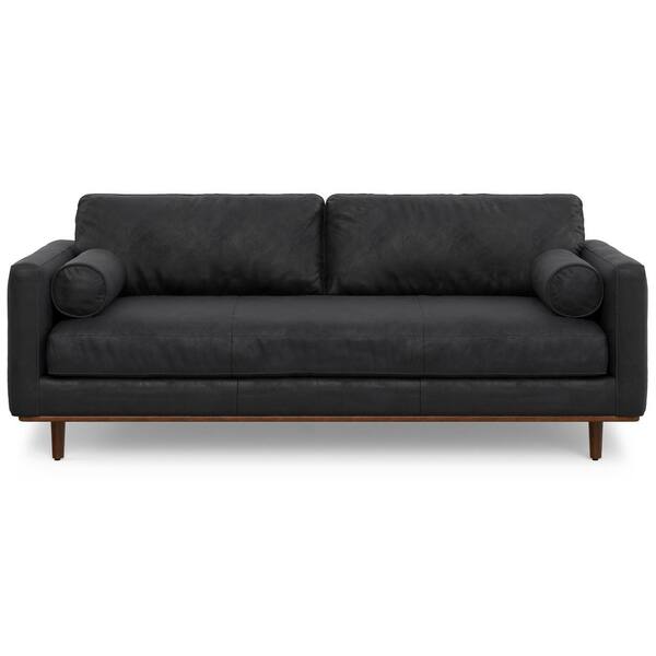 Simpli Home Morrison 89 in. Straight Arm Genuine Leather
