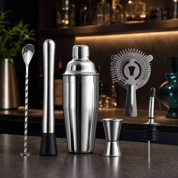 Wudkey 6-Piece Stainless Steel Cocktail Shaker Set, 24 oz. Bar Tools Kit with Strainer, Muddler, Jigger, Spoon and Pour Spout