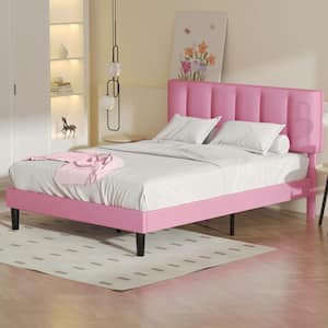 Upholstered Bedframe, Pink Metal Frame Full Platform Bed with Adjustable Headboard, Wood Slat, No Box Spring Needed