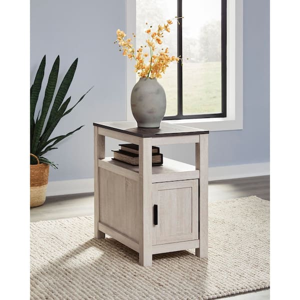 Fendenmore 14 in. Brown Gray/Antique White Rectangle MDF End Table with Cabinet, Shelves and Distressed Finish