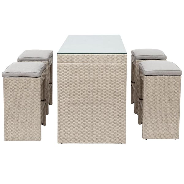 Zeus & Ruta Brown 5-Piece Wicker Outdoor Dining Bar Set with Brown Cushions