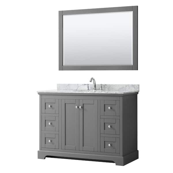 Wyndham Collection Avery 48 in. W x 22 in. D Bath Vanity in Dark Gray with Marble Vanity Top in White Carrara with White Basin and Mirror
