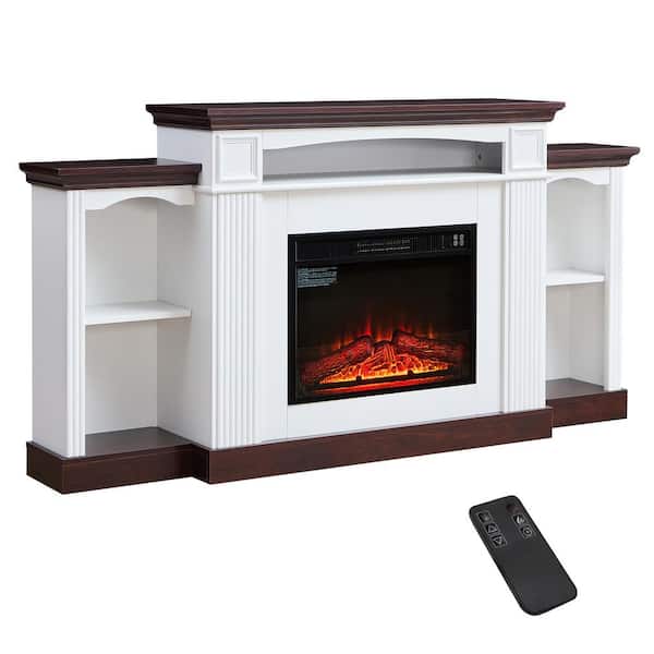 71.1 in. Freestanding Mantel Shelf 23 in. Electric Fireplace with LED Flame 3 Brightness Levels Timer Remote in White