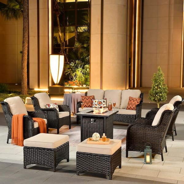 Erie Lake Brown 8-Piece Wicker Outdoor Patio Fire Pit Seating Sofa Set and with Beige Cushions