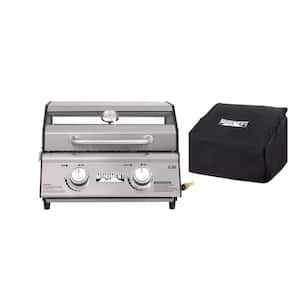 2- Burner Portable Tabletop Propane Gas Grill in Stainless Steel with Clearview Lid, and Grill Cover
