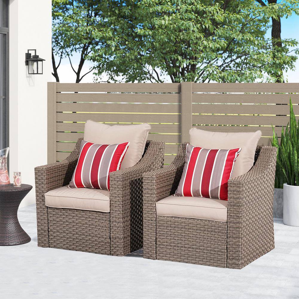 Brown 2-Pieces PE Rattan Wicker Outdoor Patio Single Couch Chairs with Beig