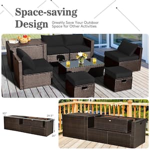 8-Piece Patio Rattan Furniture Set Space-Saving Storage Cushion Black Cover