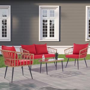 4-Pieces Wicker Outdoor Patio Conversation Set All-Weather Rattan Patio Furniture Set with Table and Red Cushions