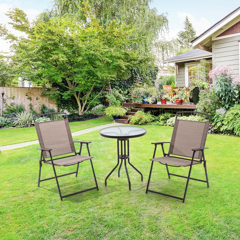 3-Piece Metal Outdoor Patio Bistro Set in Beige with Tempered Glass Table