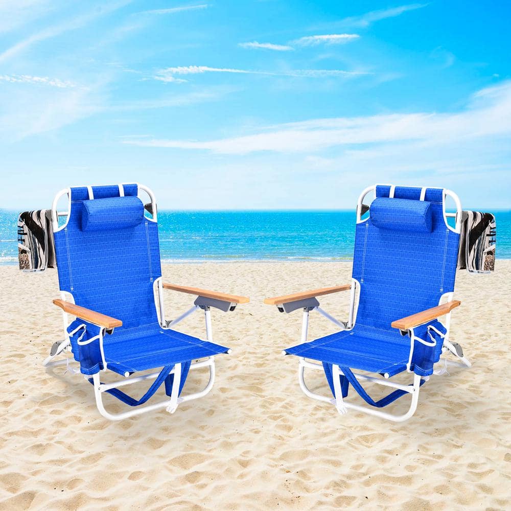 2 PCS Blue Metal Foldable Adjustable Beach Chair with Pillow, Towel, and St
