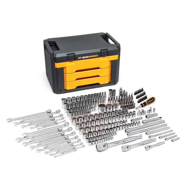 GEARWRENCH 1/4 in., 3/8 in. and 1/2 in. Drive 12-Point Standard and Deep SAE/Metric Mechanics Tool Set in 3 Drawer Box (243-Piece)