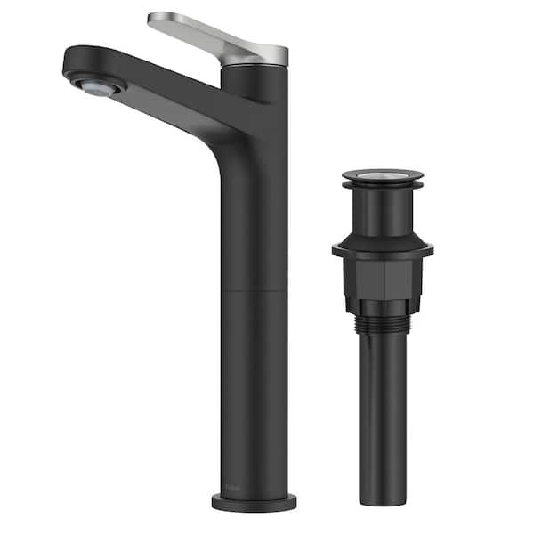 KRAUS Indy Single Handle Vessel Sink Faucet in Spot-Free Brushed Nickel/Matte Black with Pop Up Drain and Supply Lines