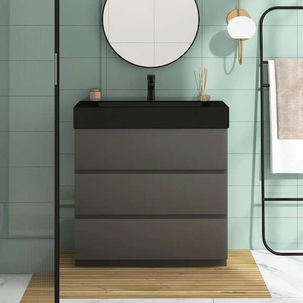 Boosicavelly 35.8 in. W 18.1 in. D 37.0 in. H Single Sink Freestanding Bath Vanity in Gray with Black Rinse Top