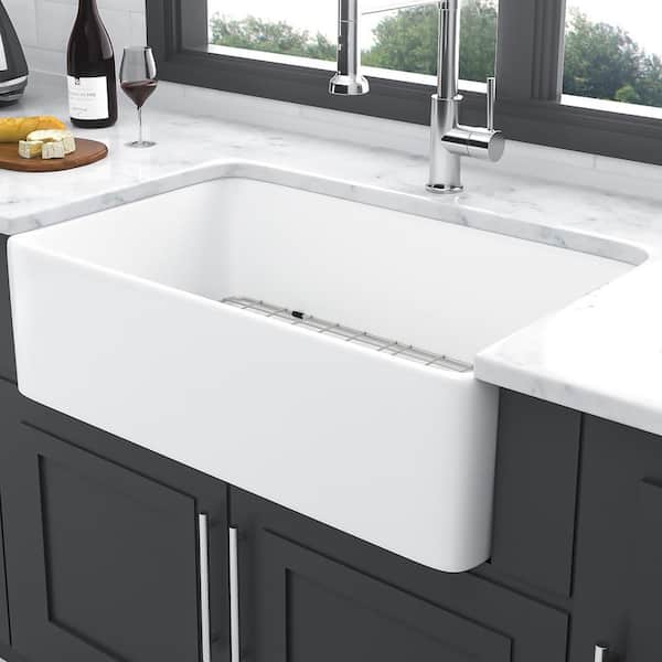 33 in. Farmhouse Single Bowl White Ceramic Kitchen Sink with Bottom Grids