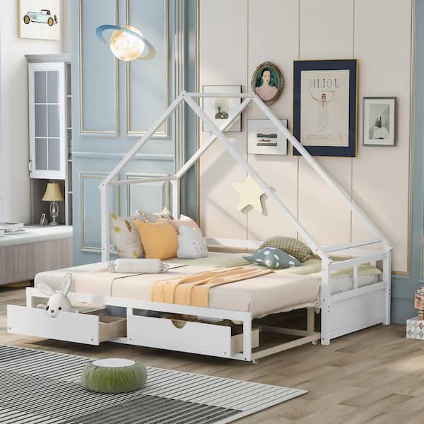 GODEER White Twin Extending Daybed with Two Drawers, Wooden House Bed with Drawers