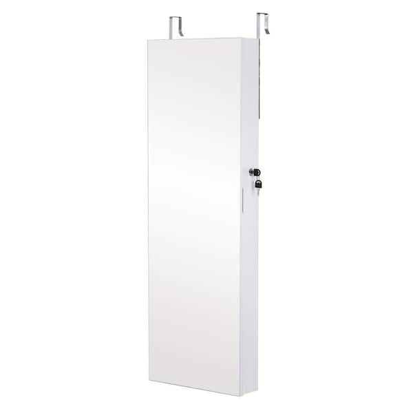 ANGELES HOME White Wall Mounted Full Screen Mirror Jewelry Cabinet Armoire with 6 LEDs