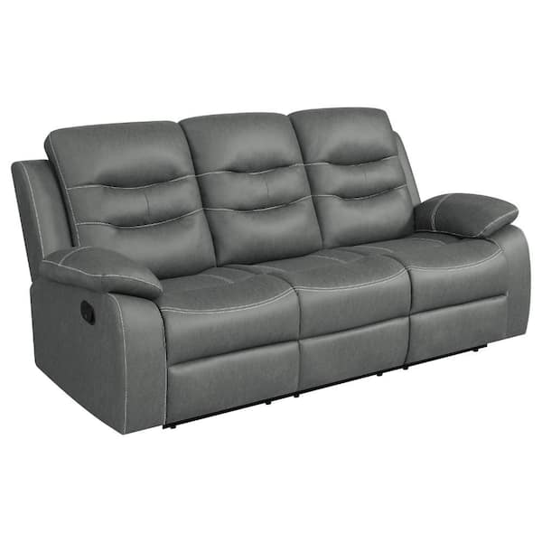 Benjara Ursula 82.5 in. Pillow Top Arm Leather Rectangle Recliner Sofa in. Gray
