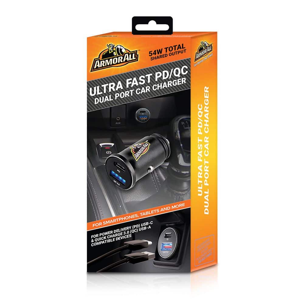 54W Ultra Fast PD QC Dual Port Car Charger, Type C and USB A