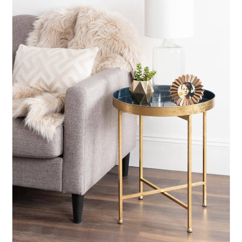 Celia 21'' Gold and Navy Blue Round Metal End Table with Magnetic Top