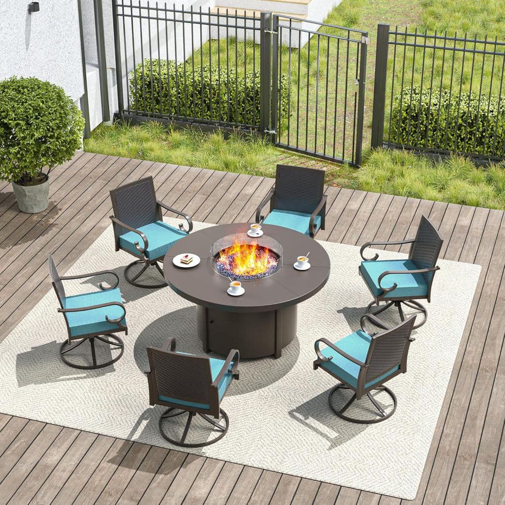 Halmuz 7-Piece Metal Patio Conversation Set with 48 in. Round Fire