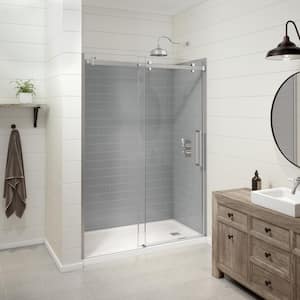 Utile Metro 32 in. x 60 in. x 83.5 in. Alcove Shower Stall in Ash Grey with Right Drain Base in White