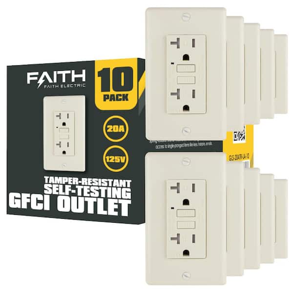 Faith 20 Amp 125-Volt GFCI Duplex Outlet, Tamper-Resistant GFI Receptacles with LED Indicator, Light Almond (10-Pack)