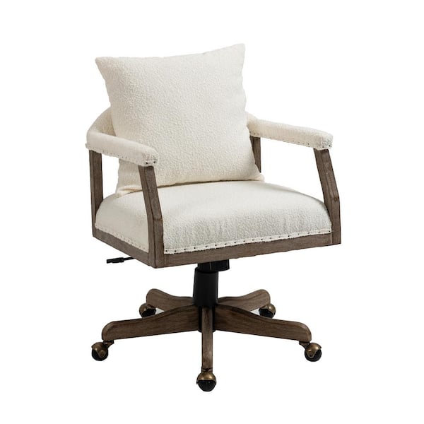 Unbranded Modern Boucle Fabric Height Adjustable Wood Base Swivel Ergonomic Home Office Desk Task Chair in Beige with Arms