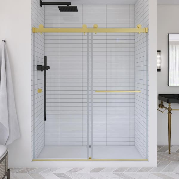 59 in. W x 72 in. H Sliding Frameless Shower Door in Brushed Gold Finish with Tempered Glass