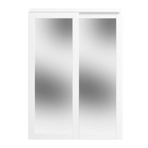 60 in. x 80 in. Full Lite Mirror Glass White Primed MDF Sliding Door with All Hardware Kit Set