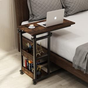 Moronia 31.5 in. Brown Height Adjustable C Table, Mobile Laptop Side Table with Wheels and Storage Shelves