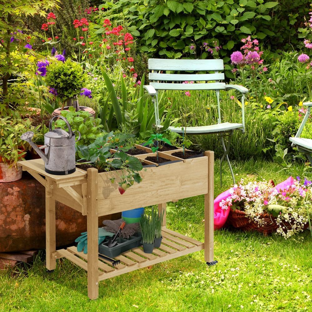 Elevated Natural Wood Garden Bed with Wheels and Storage Shelf