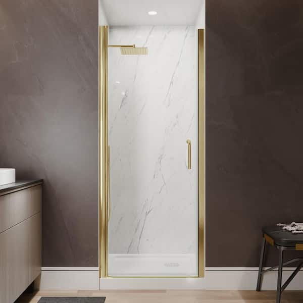 30-32 in. W x 72 in. H Pivot Frameless Shower Door in Brushed Gold with Clear Glass