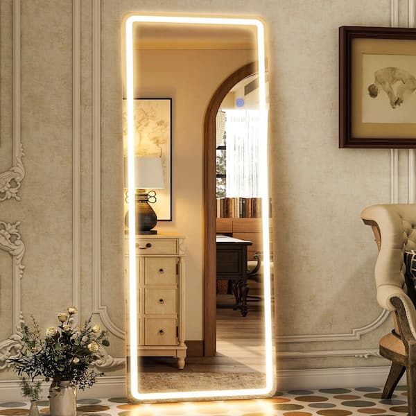 XRAMFY 16 in. W x 60 in. H LED Light Rectangular White Aluminum Alloy Framed Rounded Full Length Mirror Floor Mirror