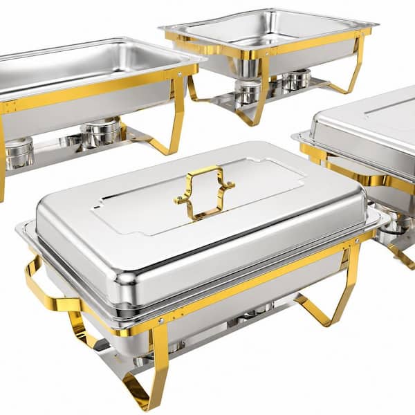 4 Pack 9 qt Gold and Silver Stainless Steel Chafing Dish Buffet Set for Parties and Catering
