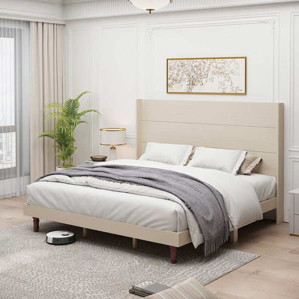 Cozly Beige Wood Frame King Size Platform Bed with High Headboard