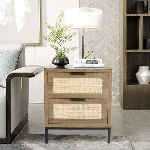 Aupodin Farmhouse Rattan 39.4 in. Retangular White/Gold Wood Computer Desk Writing Desk with 2-Drawer and Side Storage, White and Gold