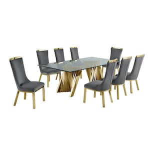 Becky 9-Piece Rectangular Glass Top with Gold Stainless Steel Base Table Set with 8-Dark Grey Velvet Side Chairs